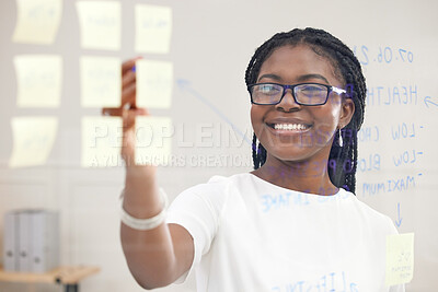 Buy stock photo Writing, happy and black woman with happiness at board planning a business analyst project. African female person, portrait and professional with staff notes and moodboard working on company data