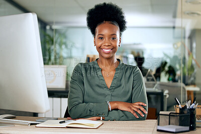 Buy stock photo Portrait of confident black woman at desk with smile, computer and African entrepreneur with pride. Happy face of businesswoman in office, small business startup and receptionist at management agency