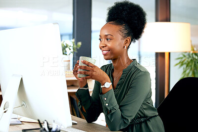 Buy stock photo Black woman at desk with smile, computer and coffee cup, African receptionist reading email or report online. Happy businesswoman in office, small business startup and hot drink at management agency.
