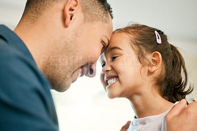 Buy stock photo Family, forehead or smile with father and daughter in home together for bonding, moment or security. Love, relationship or wellness with happy single parent man and girl child in apartment for trust