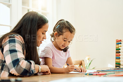 Buy stock photo Homework, girl and mom help with learning, education and student writing or home school, study and working on table. Mother, child and work together on math, drawing or nanny helping on project