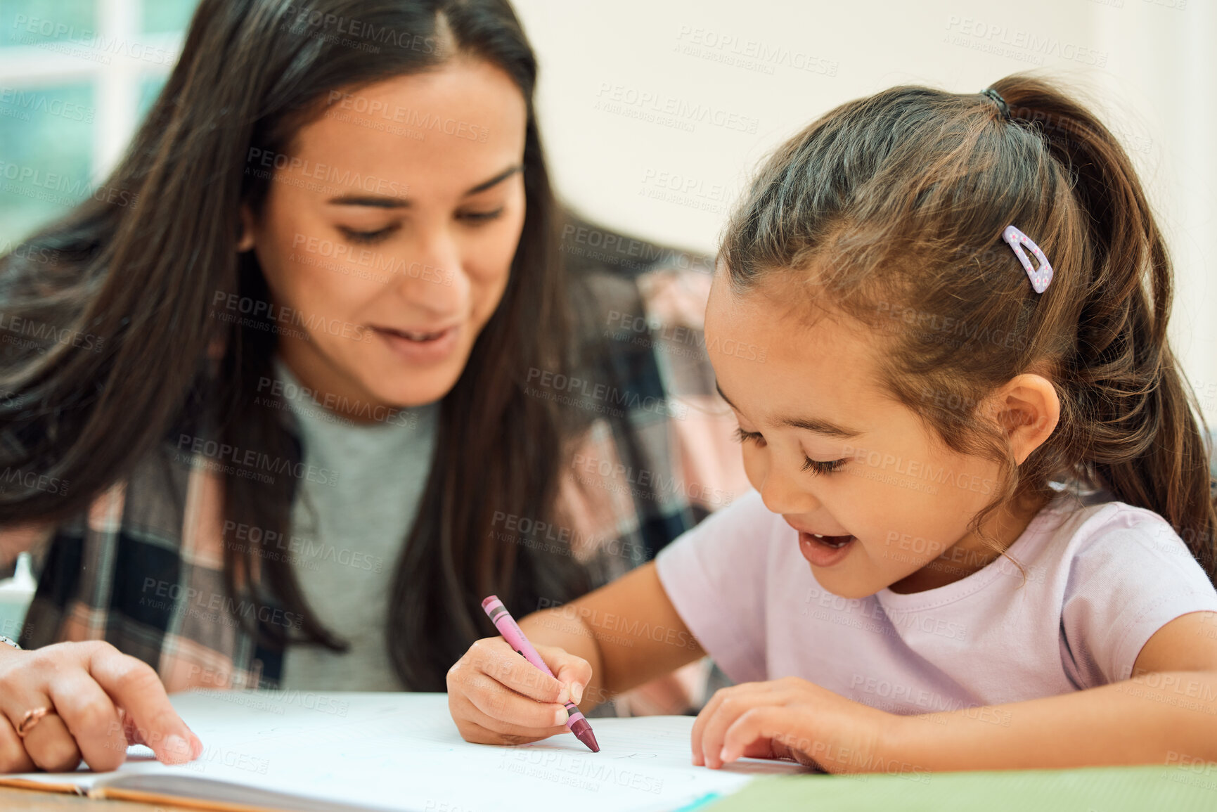 Buy stock photo Homework, mother and child with drawing for education, creative and parent for helping with kindergarten project. Happiness, mama and girl with book for assistance, studying and cognitive development