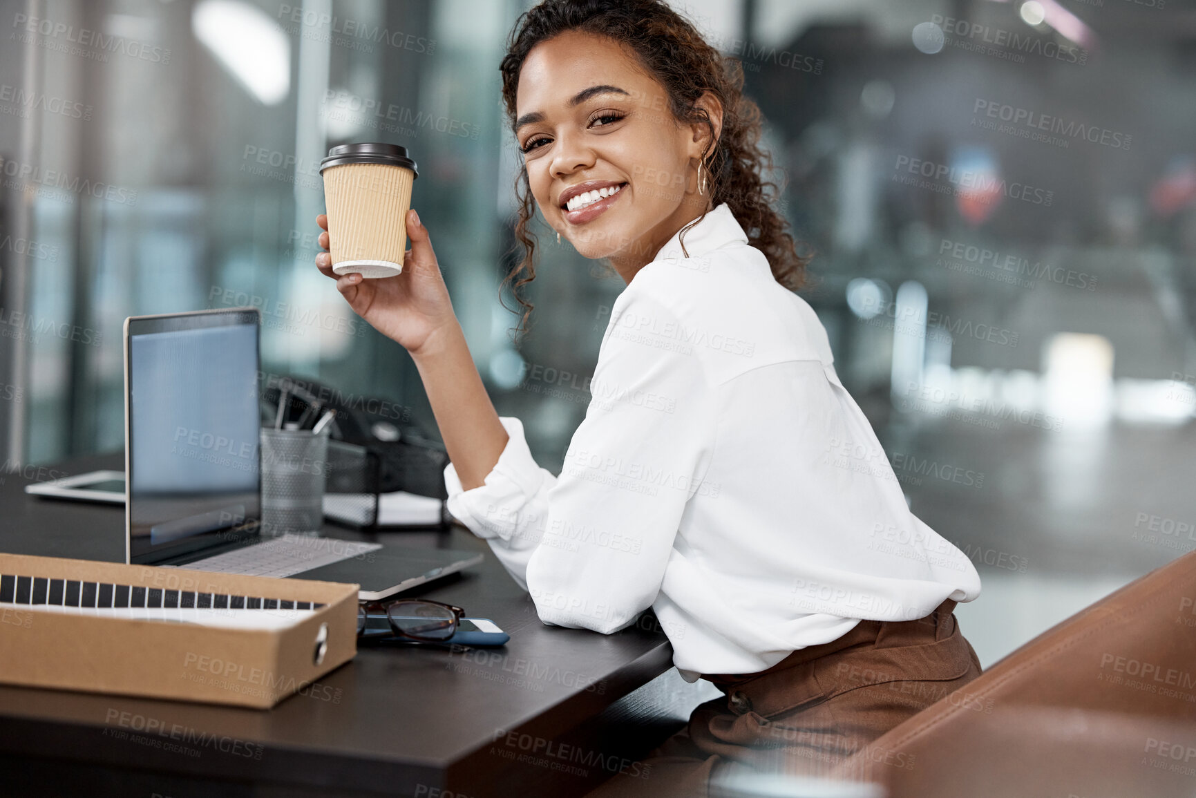 Buy stock photo Portrait, smile and business woman drinking coffee at desk on laptop for software in creative startup office. Face, tea and happy professional on computer, entrepreneur or web developer in Brazil