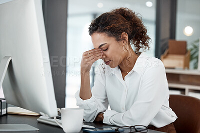 Buy stock photo Business woman with headache, stress and mental health with professional crisis, pain and fatigue at office. Problem in workplace, fail and female employee is frustrated with migraine and burnout