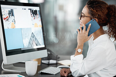 Buy stock photo Businesswoman, screen and computer in office with phone call for customer service with inquiry. Designer, employee and brief for product details with consult for feedback with happiness in Germany.