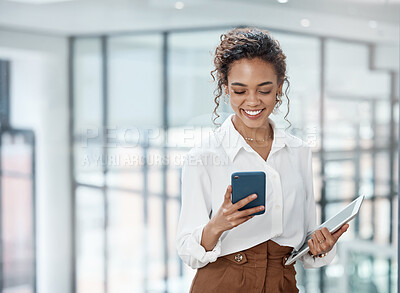 Buy stock photo Business, woman and reading on mobile phone with tablet at the office with a smile for online communication. Female professional, technology and typing at a company for conversation on the internet.