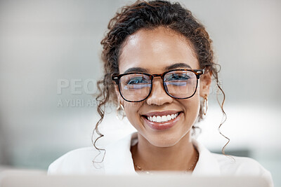 Buy stock photo Portrait, smile and business woman in glasses on laptop in office for software development in startup. Face, reflection or happy professional entrepreneur, web designer or creative employee in Brazil