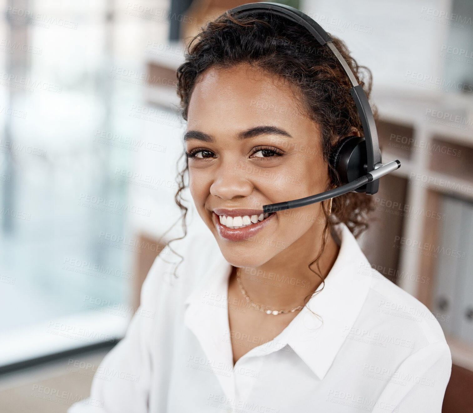 Buy stock photo Portrait, call center and smile of business woman on mic for customer service, support and contact us in Mexico. Face, telemarketing consultant and sales agent on headset at help desk for crm advice