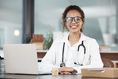 Buy stock photo Doctor, woman in portrait and happy, healthcare and medical professional in office with stethoscope and laptop. Female person in medicine, desk and health insurance with cardiologist at hospital