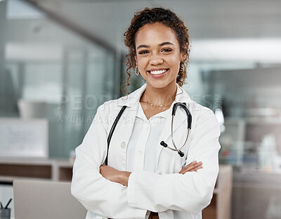Buy stock photo Healthcare, portrait of woman doctor with arms crossed and with stethoscope in a hospital building happy with a lens flare. Medical, wellness and female surgeon or nurse smile excited in a clinic