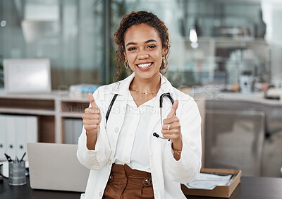 Buy stock photo Doctor, woman and thumbs up portrait with healthcare and hospital success at clinic. Thank you, medical and professional with a smile from agreement, emoji and yes motivation hand sign from wellness