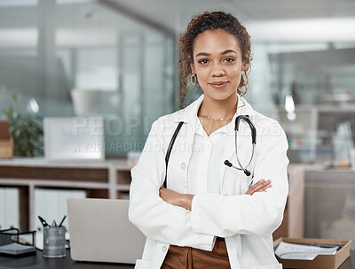 Buy stock photo Woman in portrait, doctor with arms crossed, medicine and healthcare cardiovascular surgeon at hospital. Happy female medical professional, health insurance and confidence with cardiology at clinic