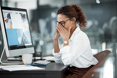 Buy stock photo Business woman with headache, stress with pain and mental health with professional crisis and fatigue at office. Problem in workplace, fail and female employee is frustrated with migraine and burnout