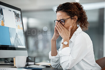 Buy stock photo Business woman with headache, stress and tired with pain, mental health and professional crisis at office. Problem in workplace, mistake and female employee is frustrated with migraine and burnout