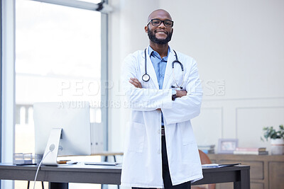 Buy stock photo Doctor office, black man and portrait with arms crossed at a hospital with healthcare and wellness success. Face, happiness and medical employee with African male professional feeling proud from job