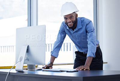 Buy stock photo Portrait, engineer and black man in office, hard hat and computer with smile, career ambition and construction inspection. Face, happy African person and architecture with employee, pc and confidence