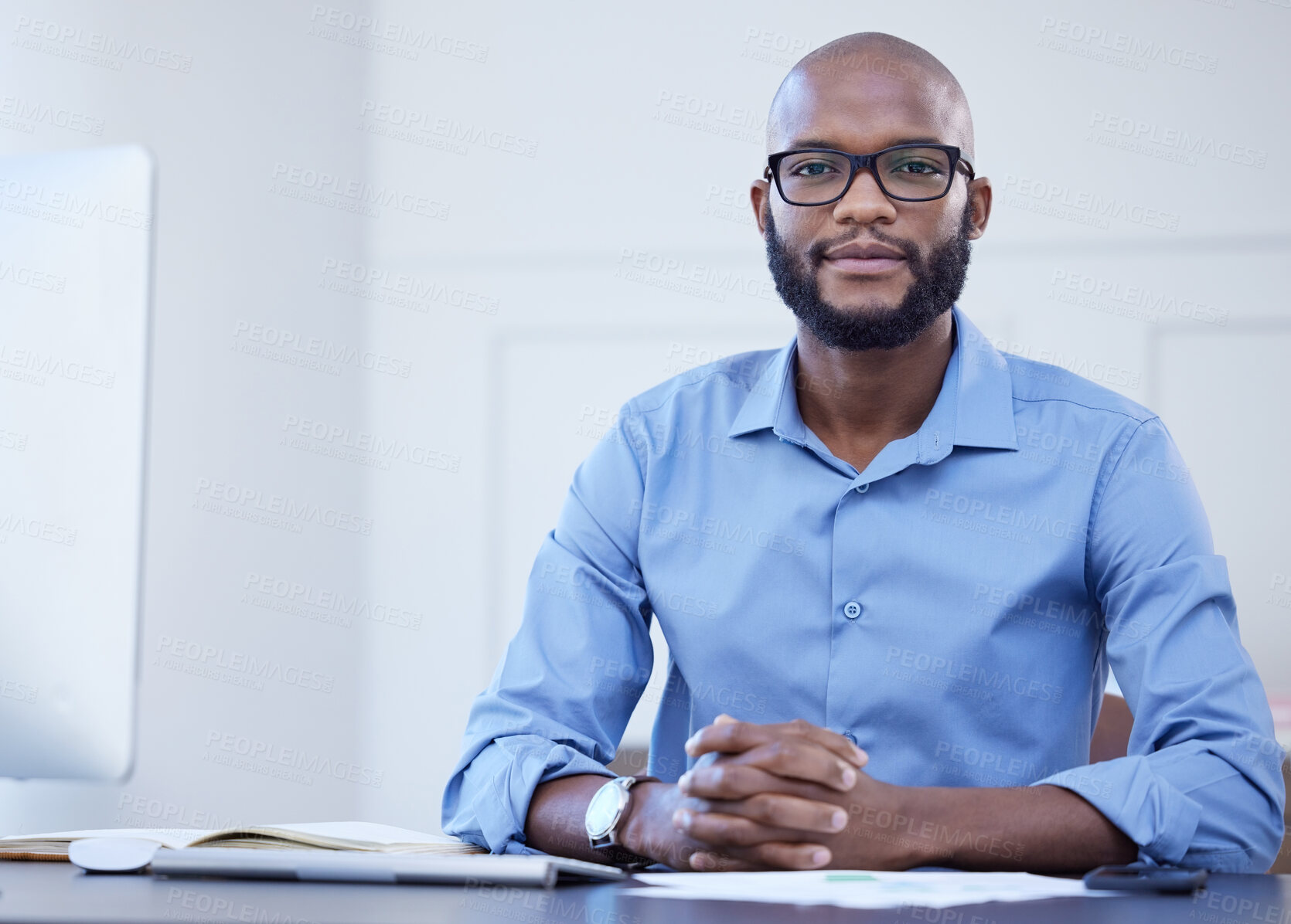 Buy stock photo Portrait, black man and accountant in office, computer and confidence with financial advisor, startup and glasses. Face, African person and economy analyst with eyewear, pride and career ambition