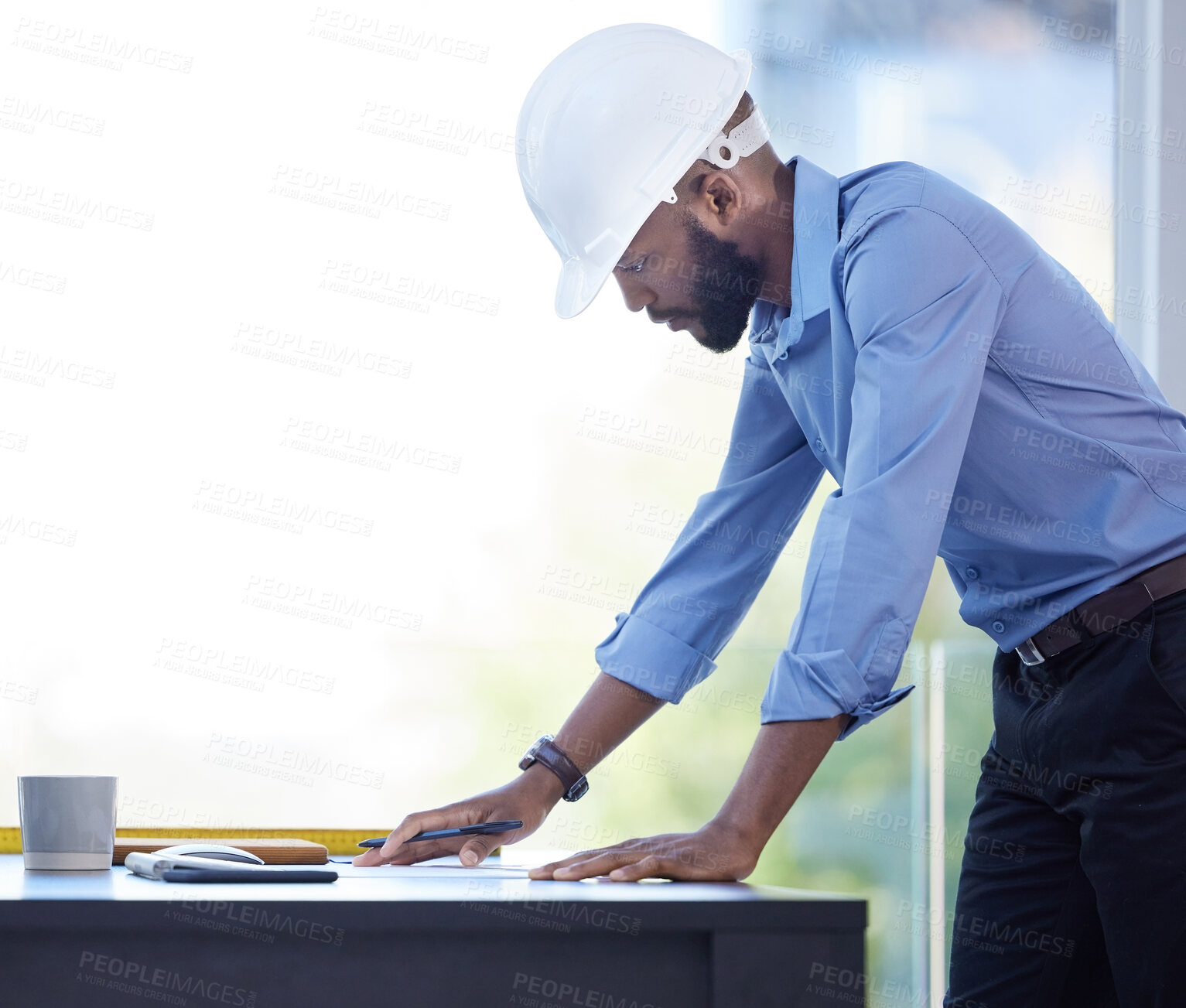 Buy stock photo Black man, office and drawing on blueprint with pencil for planning a building design, layout and project as architect. Table, construction and engineering person with idea for property renovations