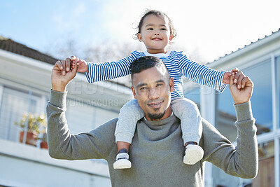 Buy stock photo Outdoor, portrait and father with child for piggyback, connection and bonding together on weekend. Outside, dad and happy kid on vacation for support, playful and security with care for parent