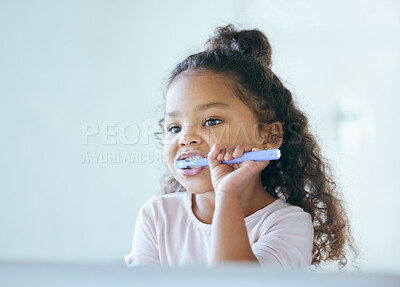 Buy stock photo Girl, brushing teeth and mirror for hygiene, clean mouth and fresh breath for oral care and dental health. Child, cleaning and toothpaste with toothbrush, bathroom and wellness in family home