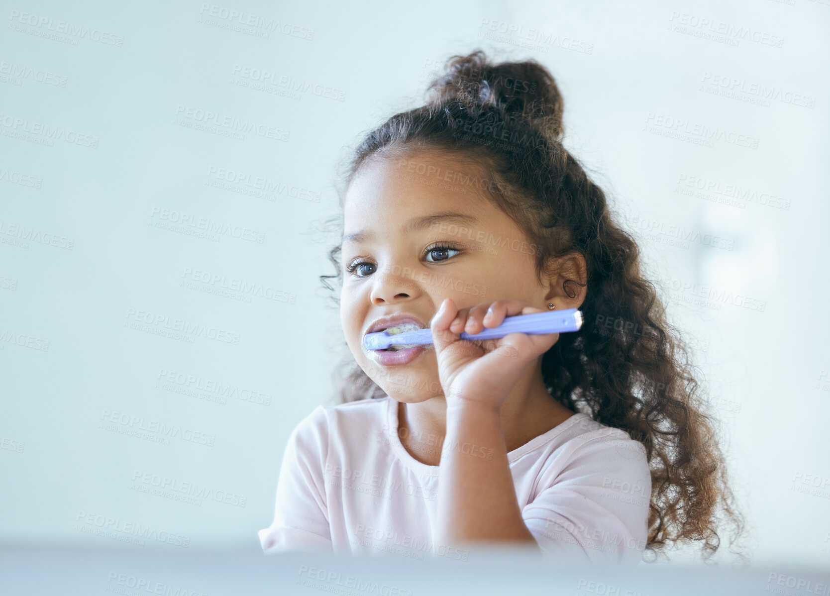 Buy stock photo Girl, brushing teeth and mirror for hygiene, clean mouth and fresh breath for oral care and dental health. Child, cleaning and toothpaste with toothbrush, bathroom and wellness in family home