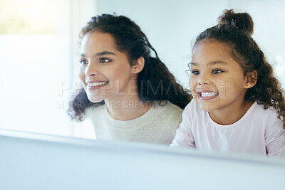 Buy stock photo Mother, child and teeth check for dental cleaning hygiene, morning routine or healthcare together by mirror in bathroom. Happy mom and daughter mouth in tooth whitening, oral or gum care at home