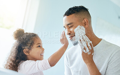 Buy stock photo Help, child and dad with shaving in bathroom for cleaning, hygiene or morning routine by mirror. Playful, family and man with girl at home for skincare support, development or bonding in apartment