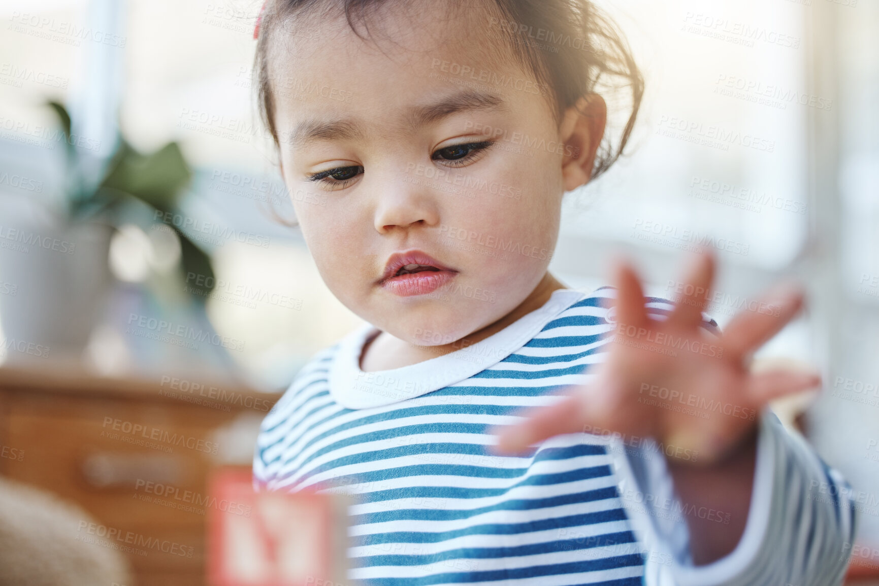 Buy stock photo Playing, toddler and toys in house, cute and growth with development of child, curious and building blocks. Childhood, baby and fun for girl in home, youth and adorable on weekend, hand and learning
