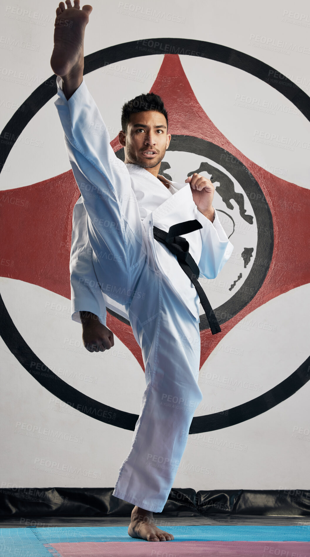 Buy stock photo Full length portrait of a handsome young martial artist practicing karate in his dojo