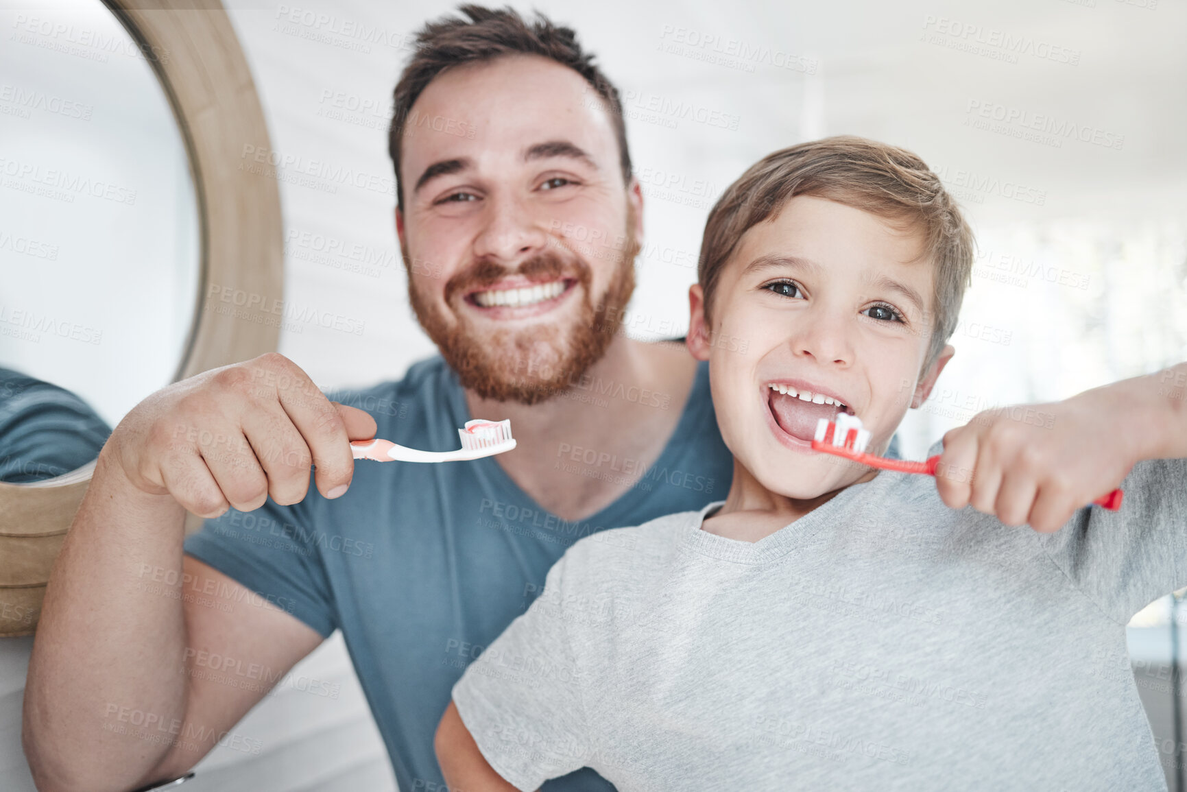 Buy stock photo Portrait, father with his child brush their teeth and in bathroom together of their home. Healthcare or dental care, happiness or smile and parent with child brushing their mouth with toothbrush