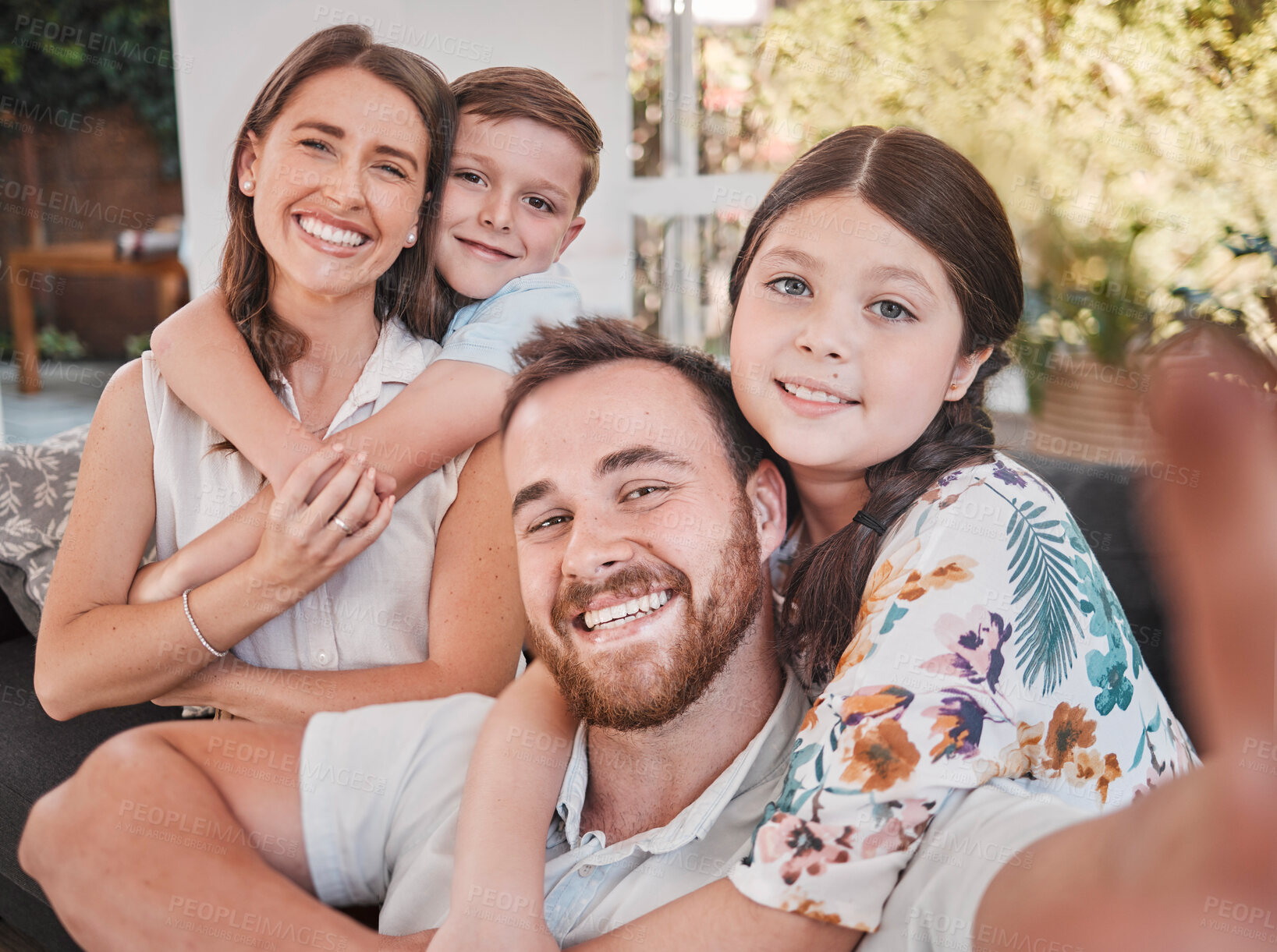 Buy stock photo Happy, family selfie and portrait in home with children and parents together with love and care on couch. Smile, social media and living room with support and hug for profile picture for internet