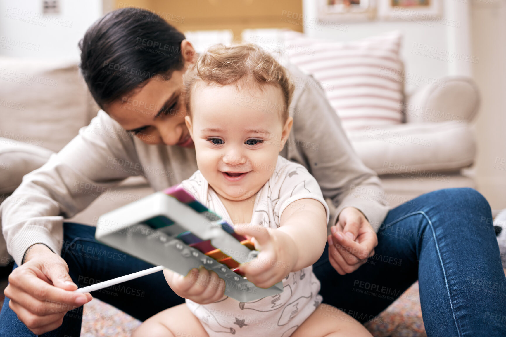 Buy stock photo Woman, baby and toys in living room for development, growth and learning with smile in family home. Mother, child and happiness for love, support and together with care or security in apartment 