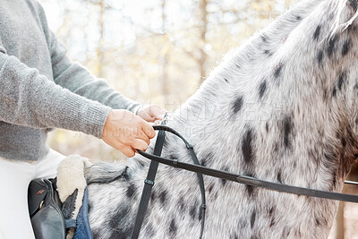 Buy stock photo Shot of an unrecognizable woman riding her horse outside