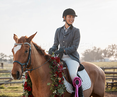 Buy stock photo Horse, winner and equestrian with ribbon on ranch for performance, achievement and competition. Prize, animal and sportswoman in countryside for course, dressage and athlete on farm in Texas 