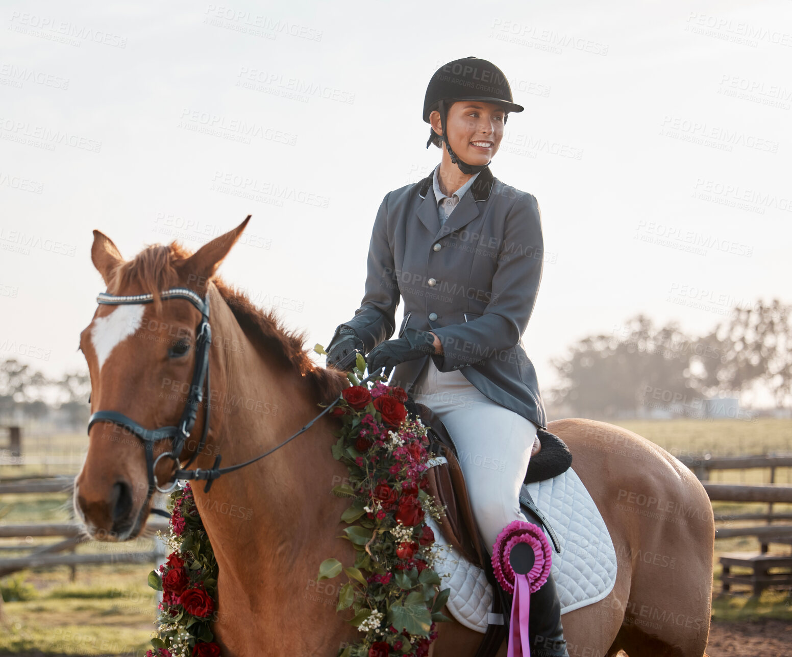 Buy stock photo Horse, winner and equestrian with ribbon on ranch for performance, achievement and competition. Prize, animal and sportswoman in countryside for course, dressage and athlete on farm in Texas 