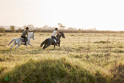 Buy stock photo Horse riding, friends and people in countryside outdoor on vacation, holiday or travel on grass. Equestrian, animals and women on horseback in field on adventure, journey and race together in nature