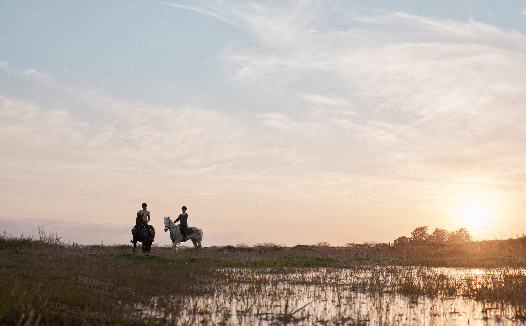 Buy stock photo Horse riding, friends and people in countryside at sunset outdoor on vacation, holiday or travel. Equestrian, animals and women on horseback in field on adventure, journey and race together in nature