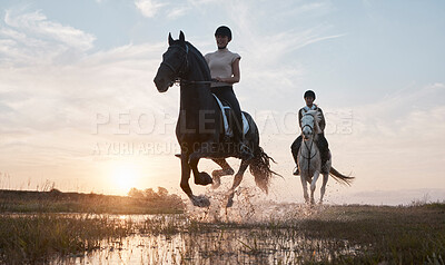 Buy stock photo Animal, horse riding and water with friends in countryside together for saddle training. Equestrian, sports and sunset with people on horseback for adventure, journey or travel in nature or ranch