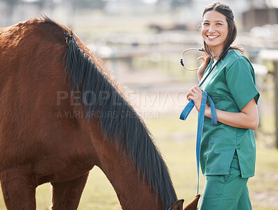 Buy stock photo Veterinarian, horse and care for woman portrait, medical employee and animal healthcare checkup on ranch. Professional, rehabilitation and wellness for veterinary expert, doctor and illness diagnosis