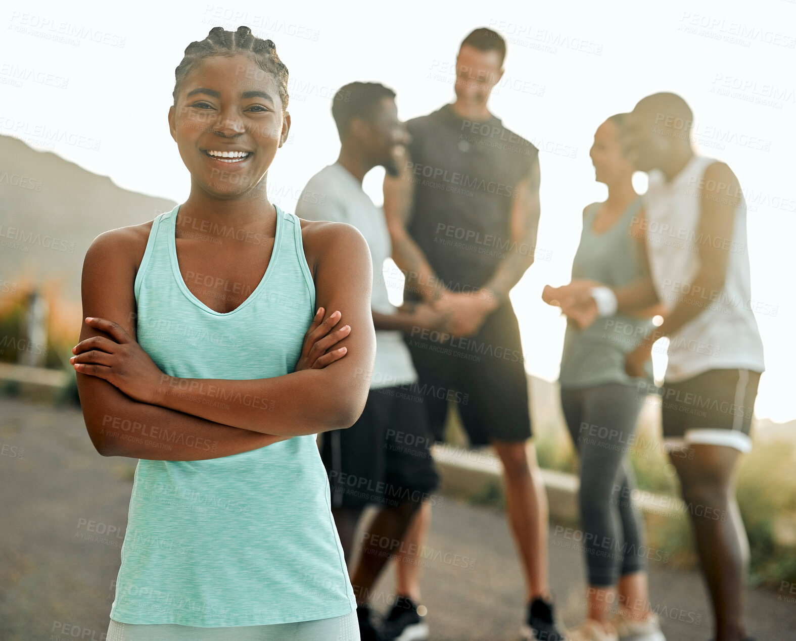 Buy stock photo Runner, portrait and woman with arms crossed in road for fitness, endurance training or marathon exhibition. Mountain, diversity and athlete with friends for cardio, race or performance challenge