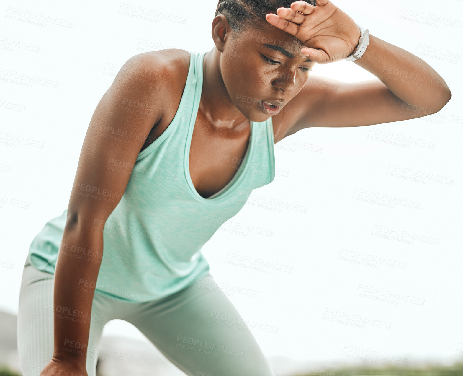 Buy stock photo Fitness, sweat and tired black woman in city with exercise burnout, challenge or intense cardio performance. Sports, pause or girl runner outdoor for training, break and breathing, control or fatigue