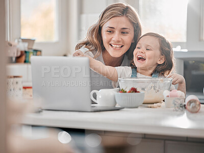 Buy stock photo Mother, girl and laptop in kitchen for baking, teaching and learning with smile, strawberry and bowl. Woman, child and tech in house for cooking, bonding and development with recipe video streaming