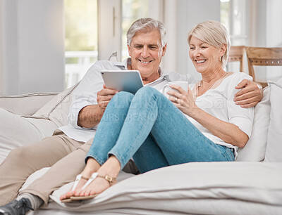 Buy stock photo Relax, tablet and senior couple on sofa for streaming movie, browsing internet or reading article in living room. Online, happy woman and elderly man for love, retirement or entertainment in home