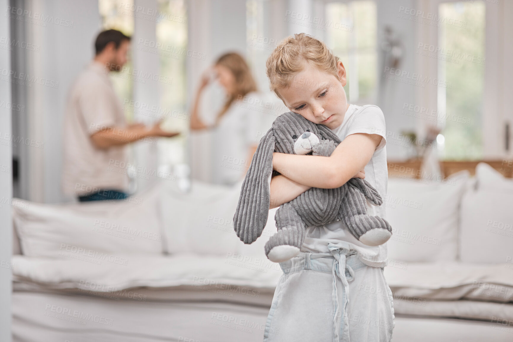 Buy stock photo Child, sad and parents fighting in home with anxiety, marriage fail and bunny hug for comfort. Upset kid, mom and dad with divorce argument for custody conflict, childhood trauma and mental health