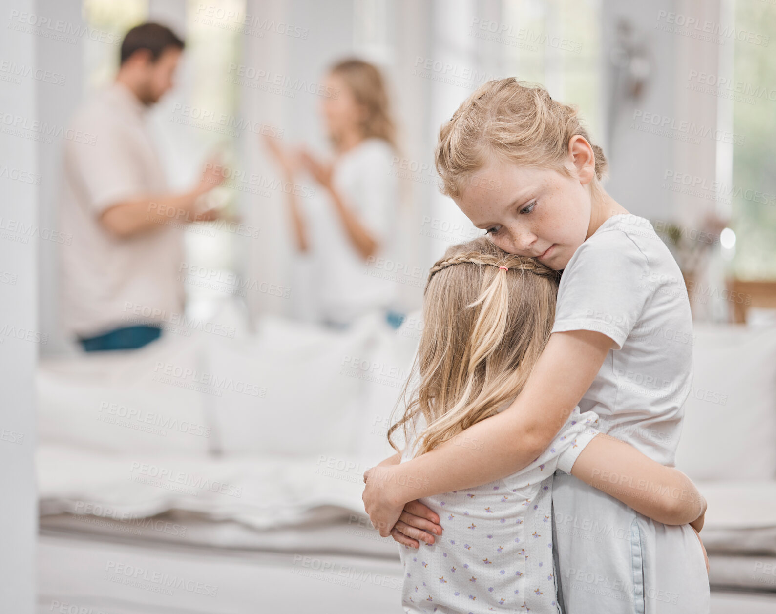 Buy stock photo Divorce, hug and children on sofa with parents in argument for conflict, disagreement or distrust in living room. Young girls, angry woman with man for anxiety, affair or fighting for custody in home