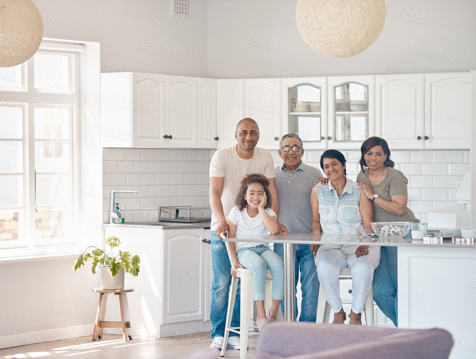 Buy stock photo Big family, portrait and happiness in home with mother, grandparents and kid together. Parent love, smile and dad with elderly people and child in house kitchen with support and granddaughter care