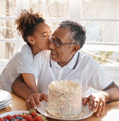Buy stock photo Birthday kiss, grandfather and child with cake for celebration, party and love, care and retirement or fathers day. Elderly man, biracial family or or grandparent and girl celebrate life or holiday