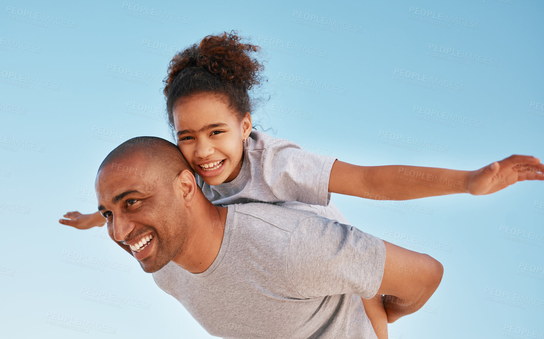 Buy stock photo Portrait, daughter and dad with fun, sky and bonding in vacation, carrying or summer in California. Family, girl and father in sea for holiday, happy and travel to nature with kid or trust with child