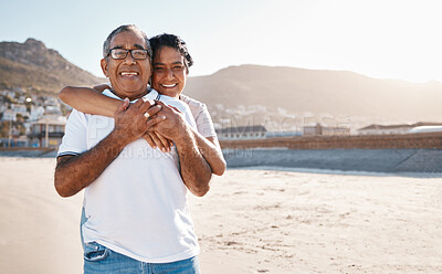 Buy stock photo Hug, portrait and a senior couple at beach for a retirement holiday, travel and a date in Bali. Happy, love and an elderly man and woman with care, hugging with affection and at the sea for vacation