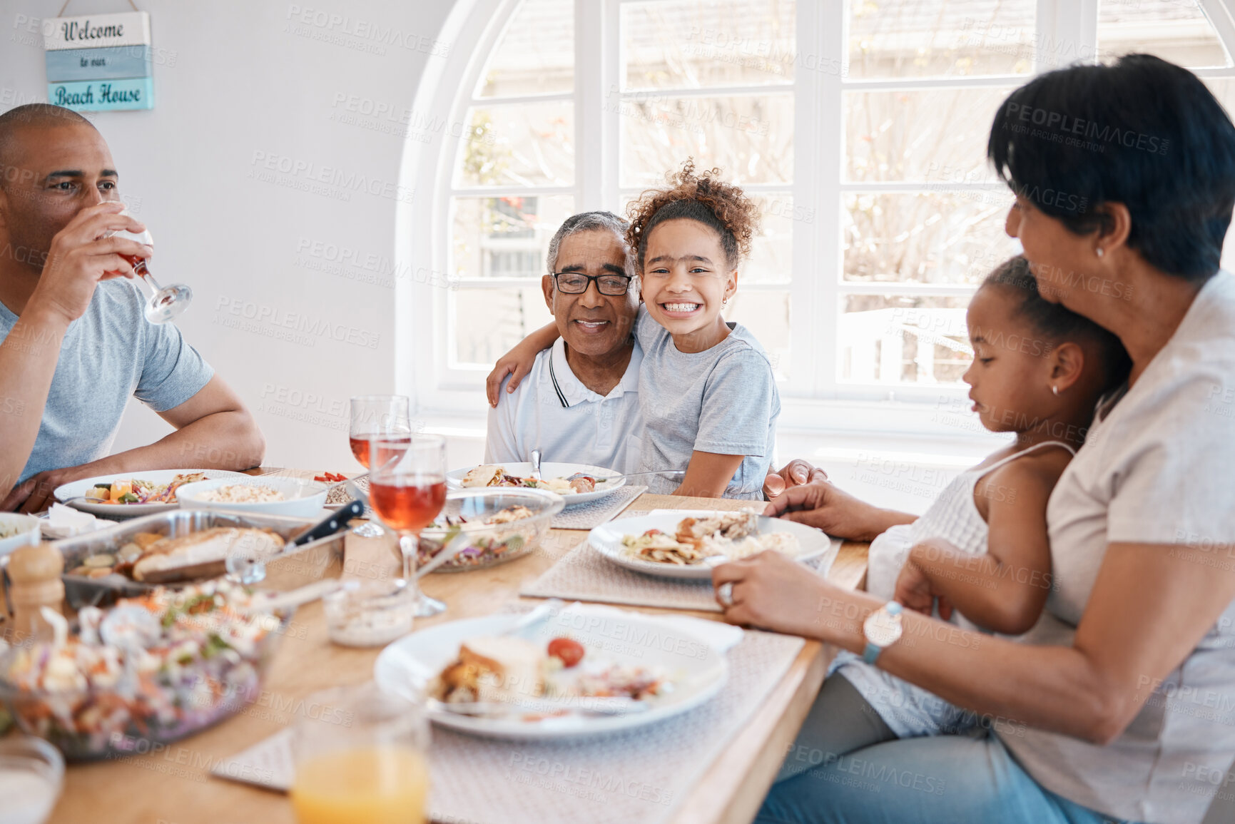 Buy stock photo Grandfather, child and dining table or family portrait, social gathering and brunch sharing lunch with parents. People, love and bonding or gourmet nutrition, apartment and together with healthy dish